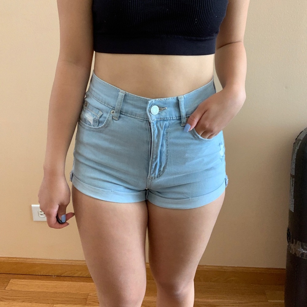 light wash high waisted denim shorts